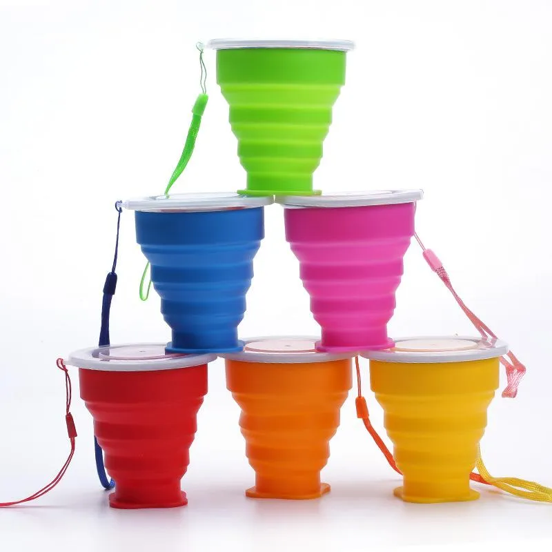 휴대용 실리콘 접이식 컵 다기능 텀블러 개폐식 야외 여행 캠핑 워터 컵 끈 6 색