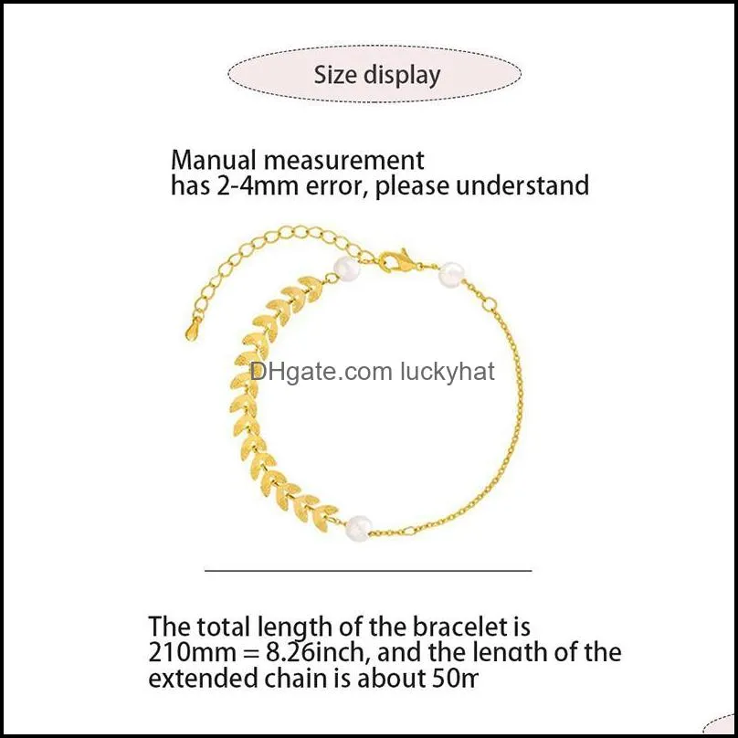 Link, Chain Leaves Wheat Bangles Beads Luxury Stainless Steel Crystal Pearl Bracelet For Women Fashion Jewelry Synthetic Gift