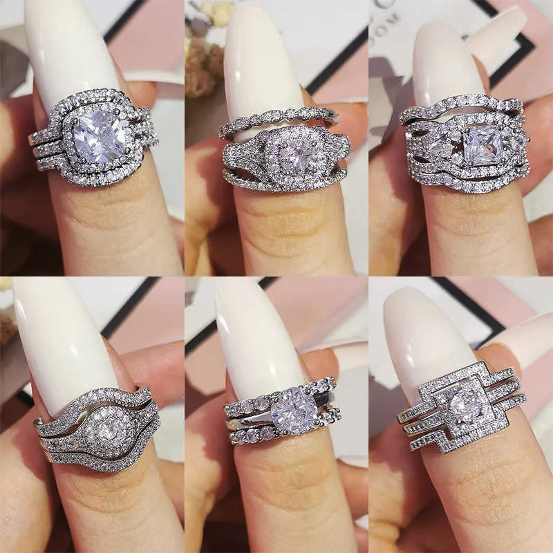 2021 novo design luxo 3 PCS 3 em 1 925 esterlina anel de prata almofada casamento anel de casamento conjunto para mulheres nupcial jóias R4308 p0818