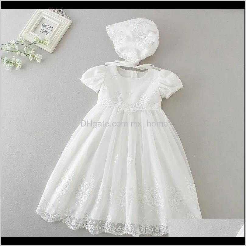 newborn christening gown girl 0-24m dress set hollow solid back strap lace clothes baby outfits with white strap hat