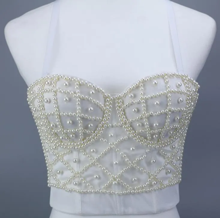 Sexy Pearls Beaded Bustier Corset Crop Top Camis Clubwear Party Cage Push up Tanks Bra with Detachable Straps White Black XS S M L