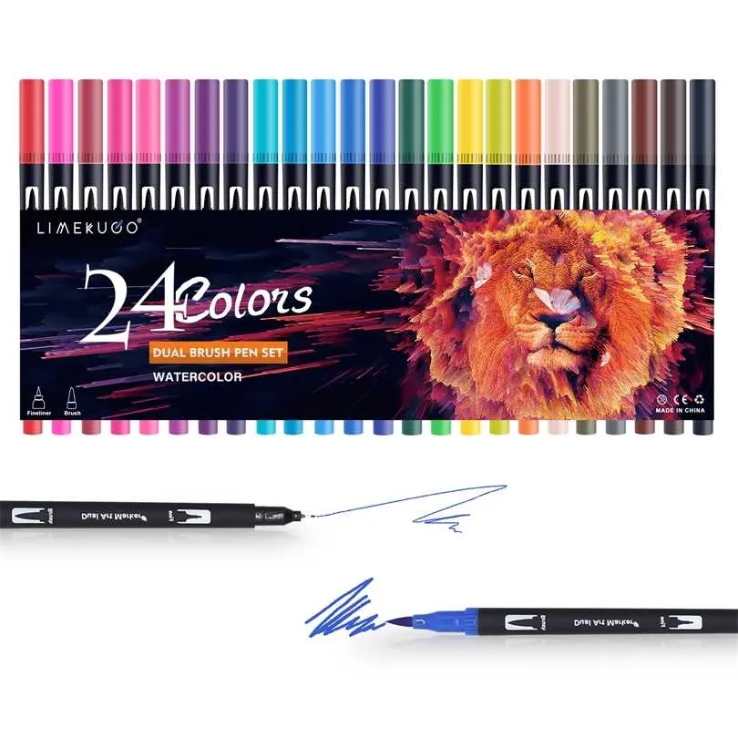 24 färger akvarell pennor ritning målning dual tip borste konstmarkörer penna för färgning, sketching, 211104