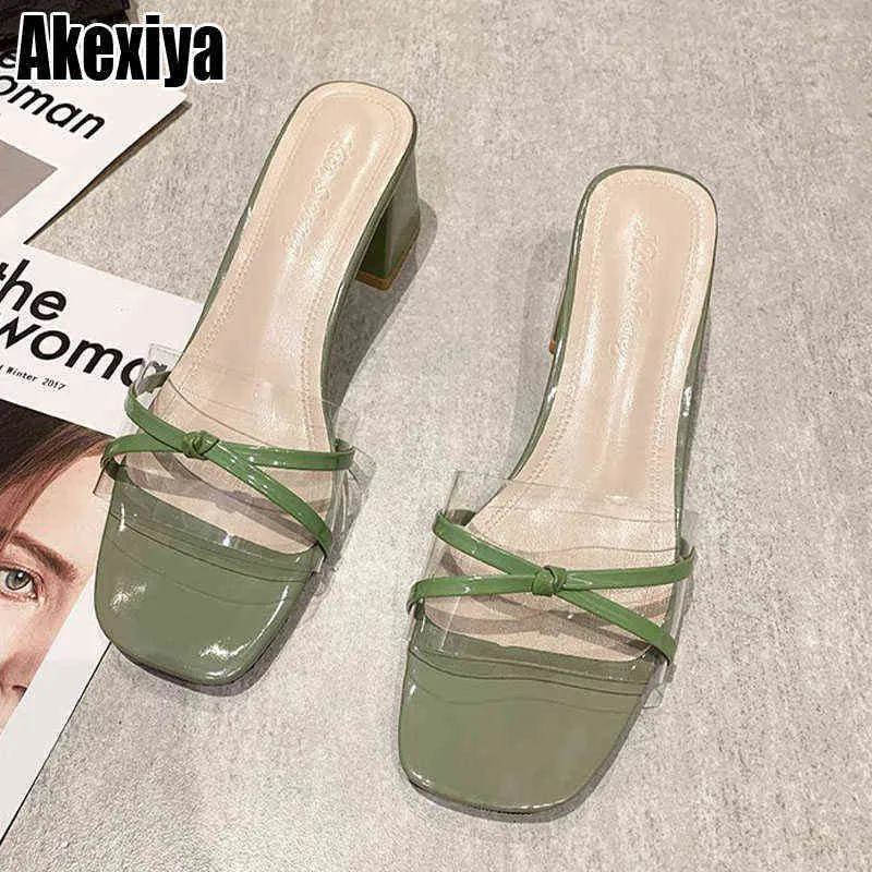 Chinelos PVC VERDE OBERTO ABERTO DE TEE HEQUERES Sandálias Transparentes Sapatos Bowknot Clear Zapatillas Mujer Casa BC3728 220304
