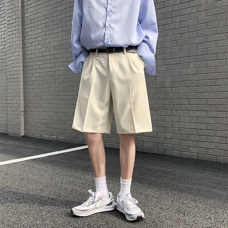 Kpop Männer Anzug Shorts Beige Schwarz Gerade Kurze Hosen Sommer Knie Länge Dünne Feste Junge Kleidung Streetwear Casual Herren 210714