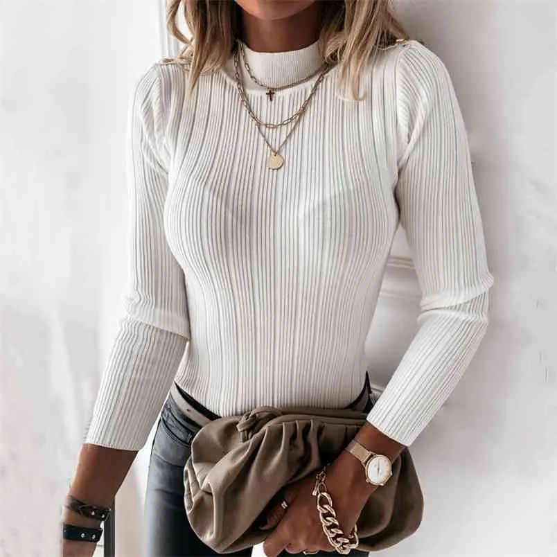 Autumn Winter Slim Knit Sweater Women Casual Half High Neck Long Sleeve Pullovers Shoulder Button Decor White Basic Tops 210522