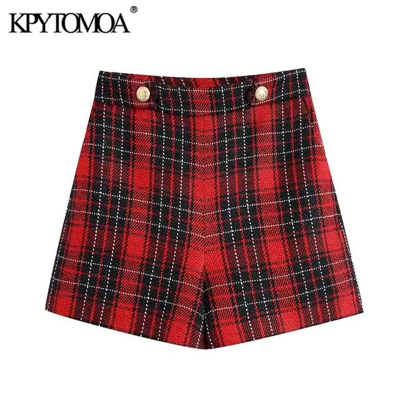 Vrouwen chique mode decoratieve metalen knoppen check shorts hoge taille back rits vrouwelijke korte broek mujer 210420