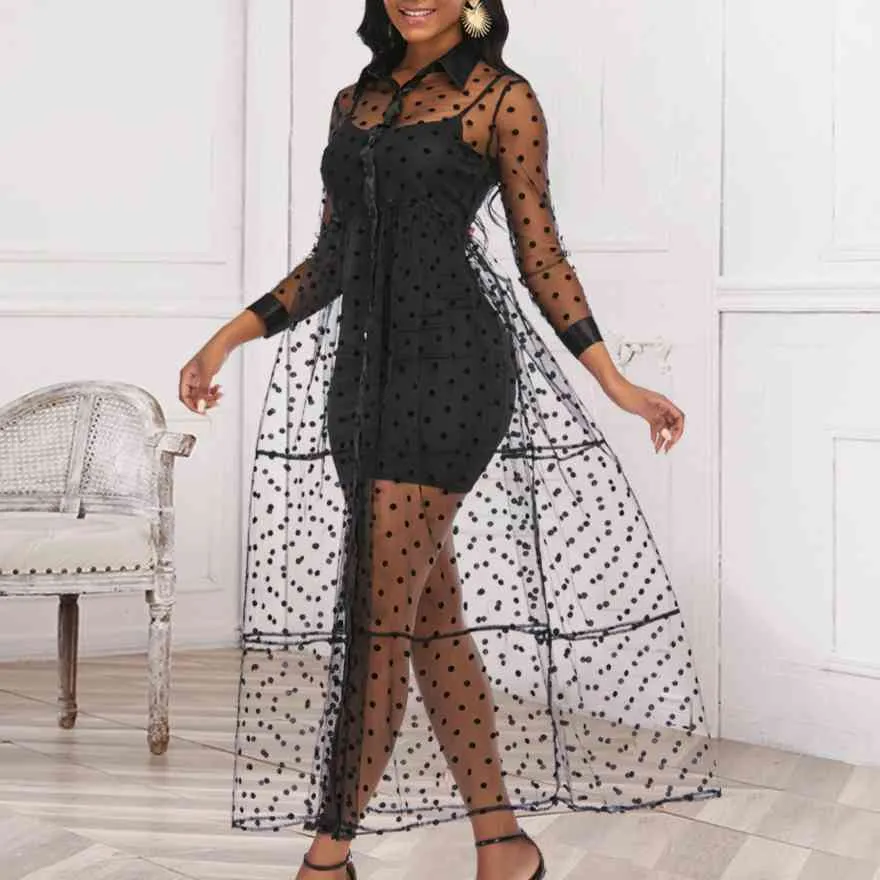 Save Big on Bulk Women Mesh Shirt Dress Black Transparent Tulle Polka Dot  See Through African Sexy Fashion Spring Female Robes Tunic Plus Size XL