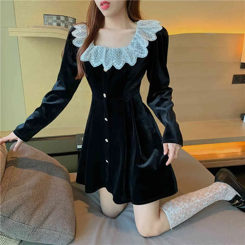 Élégante taille haute velours robe à manches longues automne printemps vintage dentelle volants col carré noir femmes robes 866B 210420