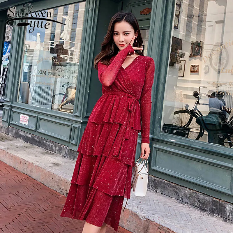 spring Lady Mid-length cupcake dress Retro feminine V-neck women Slim long-sleeve Red and black top 2473 50 210521