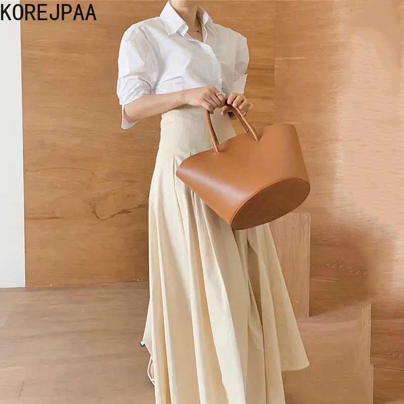 Korejpaa Women Set Summer Korean Chic Niche Temperament Basic Lapel Loose Short-Sleeved Shirt High-Waist Pleated Skirt 210526