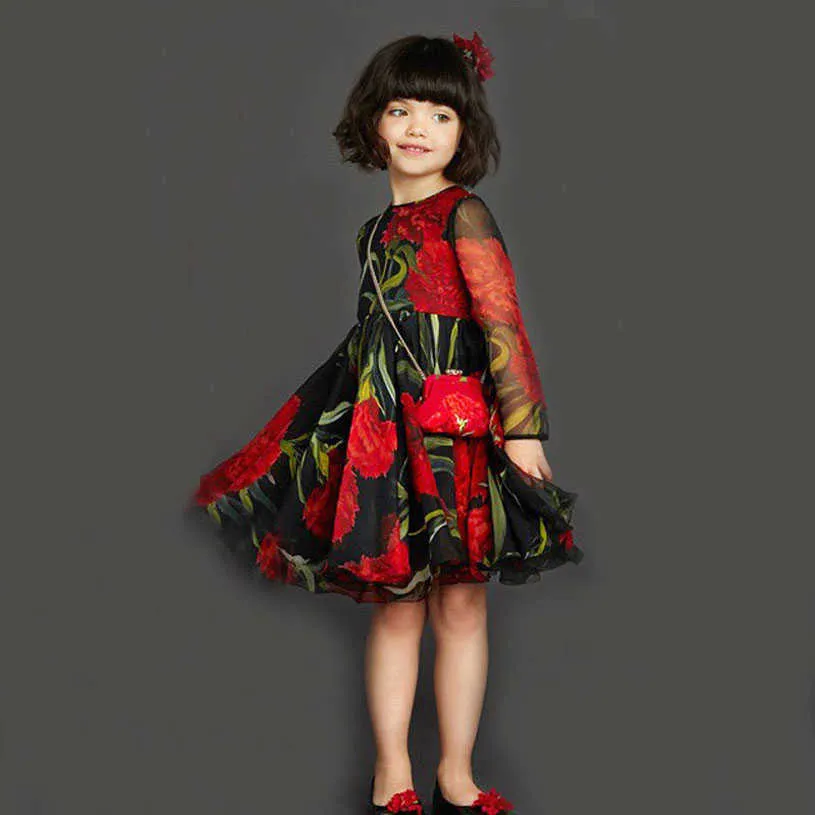 春の女の子のウェディングドレス赤いヨーロッパシリスプリンセスコスチュームブランドローブille enfant長袖ガールプリンセスドレスQ0716