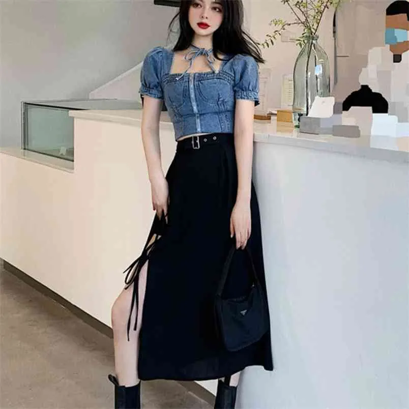 Koreański Streetwear Lato 2 Sztuka Zestawy Damskie Stroje Denim Jeans Crop Top Bandaż Długa Spódnica Garnitury Kobiet Dwa 210514