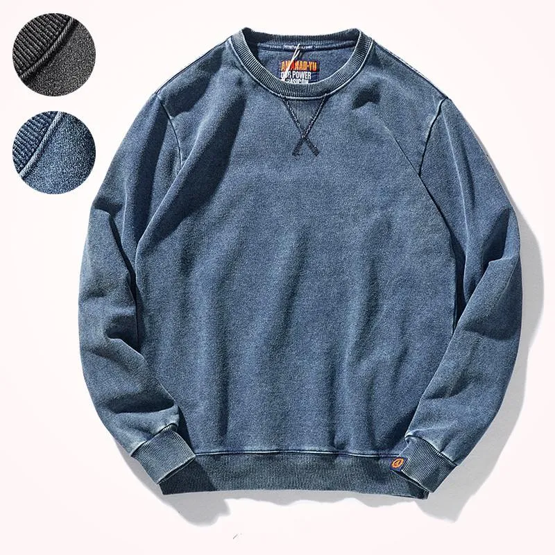 Moletom Com Capuz Moletons 2021 Outono Americano Retro O-pescoço Moda Pure Algodão Lavado Antigo Denim Terry Casual Pullover