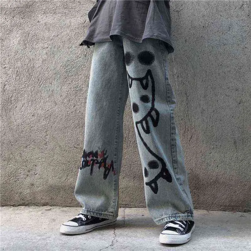 HOUZHOU Donna Jeans Harajuku Streetwear Hip Hop Gamba larga Pantaloni larghi in denim Grunge Graffiti Stampa Pantaloni casual a vita alta Y2k 211129