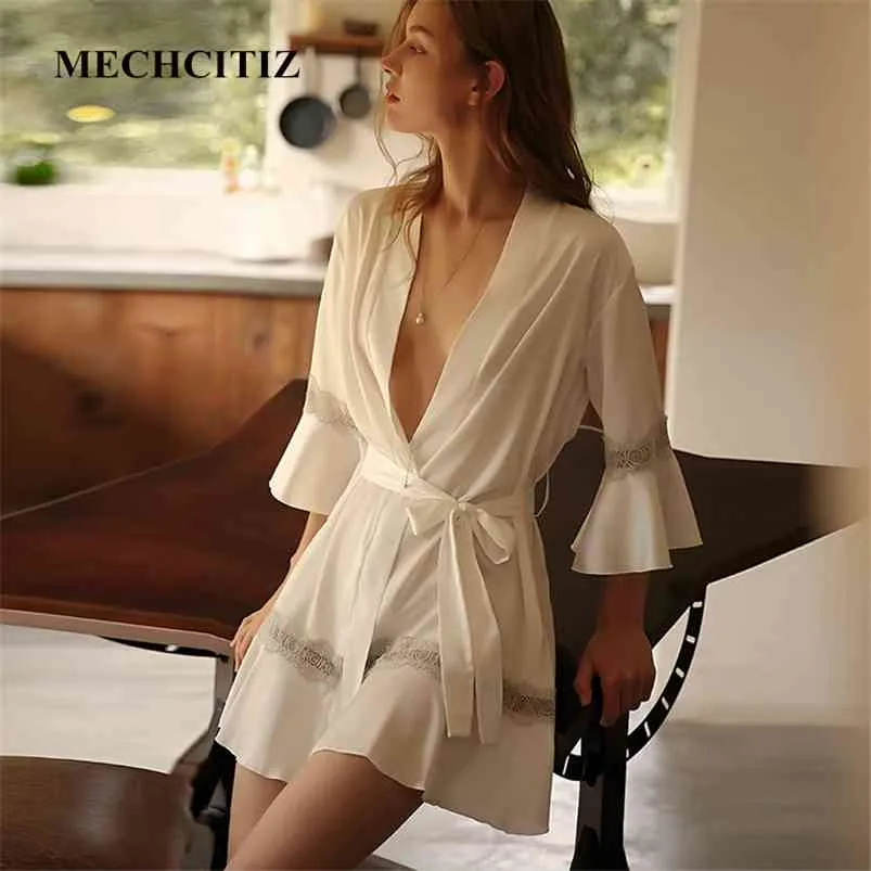 MECHCITIZ Satin Robe Female Intimate Lingerie Sexy Sleepwear Silk Bride Wedding Kimono Bathrobe Gown Nightgown Lace Nightwear 210831