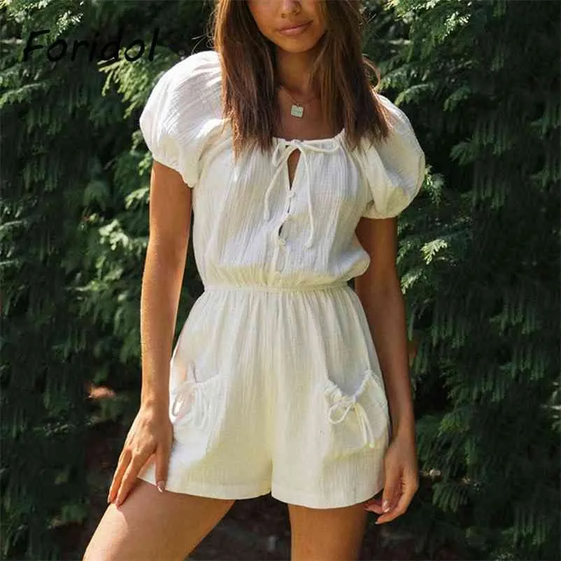 Foridol Lace Up White Boho Playsuit Pagliaccetto con tasca Donna Summer Beach Tutina Pagliaccetto Moda Casual Tuta corta 210415