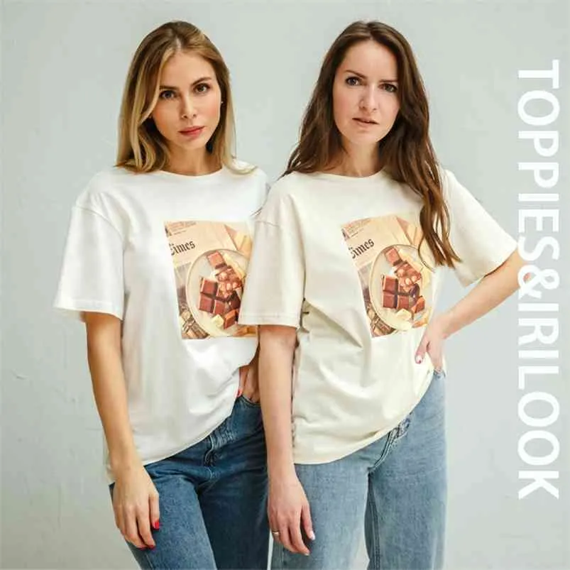 Sommar chokladtryck t-tröjor Kortärmad Kvinnor Toppar Kvinna Casual O-Neck Tee 210421