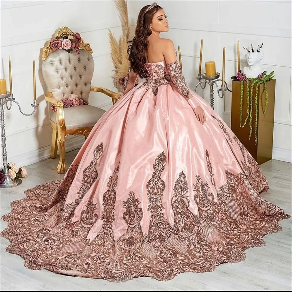 Pink Sweet 16 Ball Gown Quinceanera Dresses Long Sleeve Prom Party Dress  Vestido De 15 Anos Quinceanera