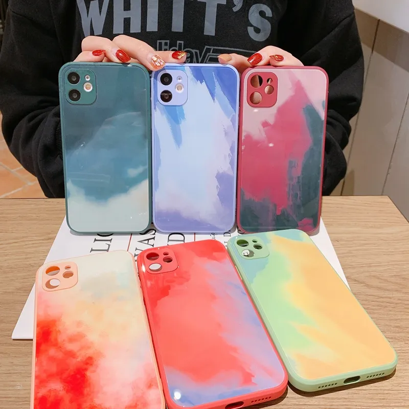 colorful Watercolor fashion Silicone glass phone Cases Camera Protect Shockproof for iPhone 12 Mini 11 Pro X XS Max XR Straight edge Cover case