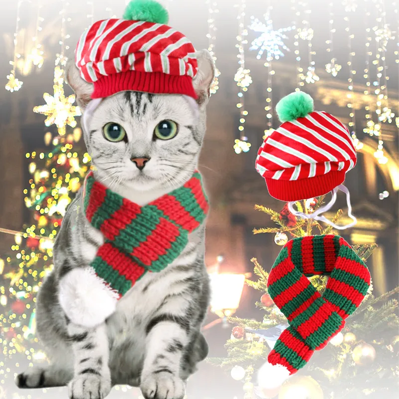 Christmas Dog Cat Costumes Knitted Scarf with White Pompom Warm Bandana Winter Holiday Pet Accessories hat Scarves for Small Medium Cats Dogs