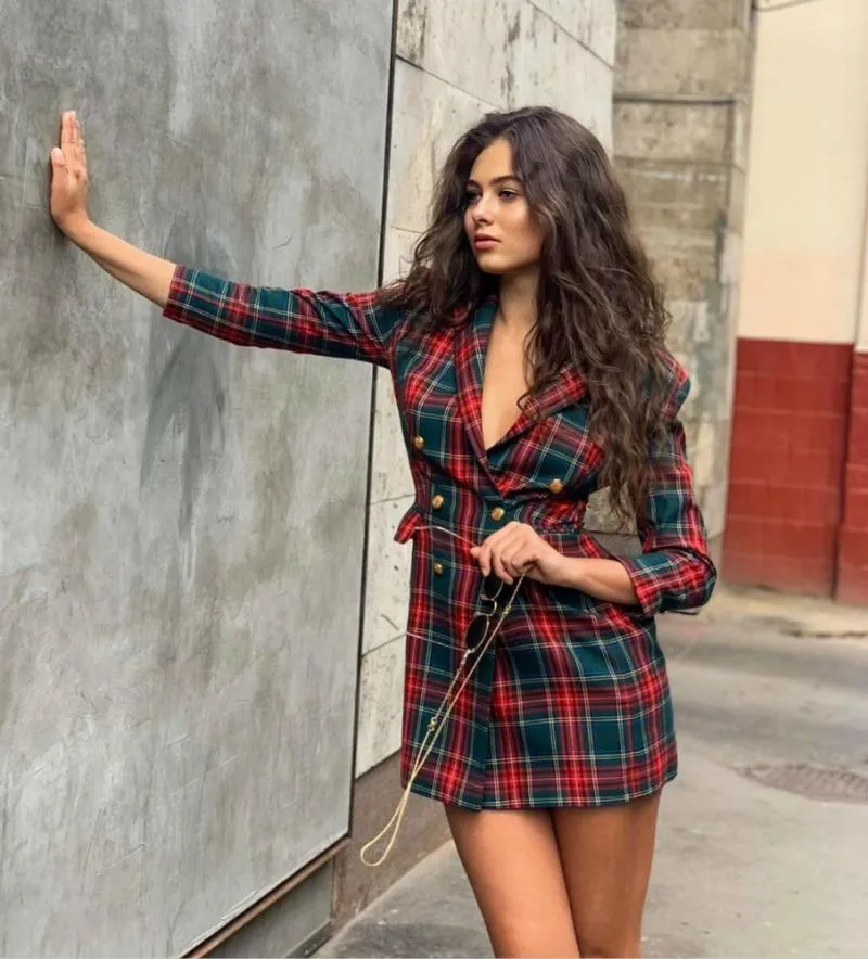 Red Plaid Blazer Dress for Women Double Breasted Notched Button Elegant Autumn Outfit Polyester Mini Dress Casual Daily 2024 Outfits