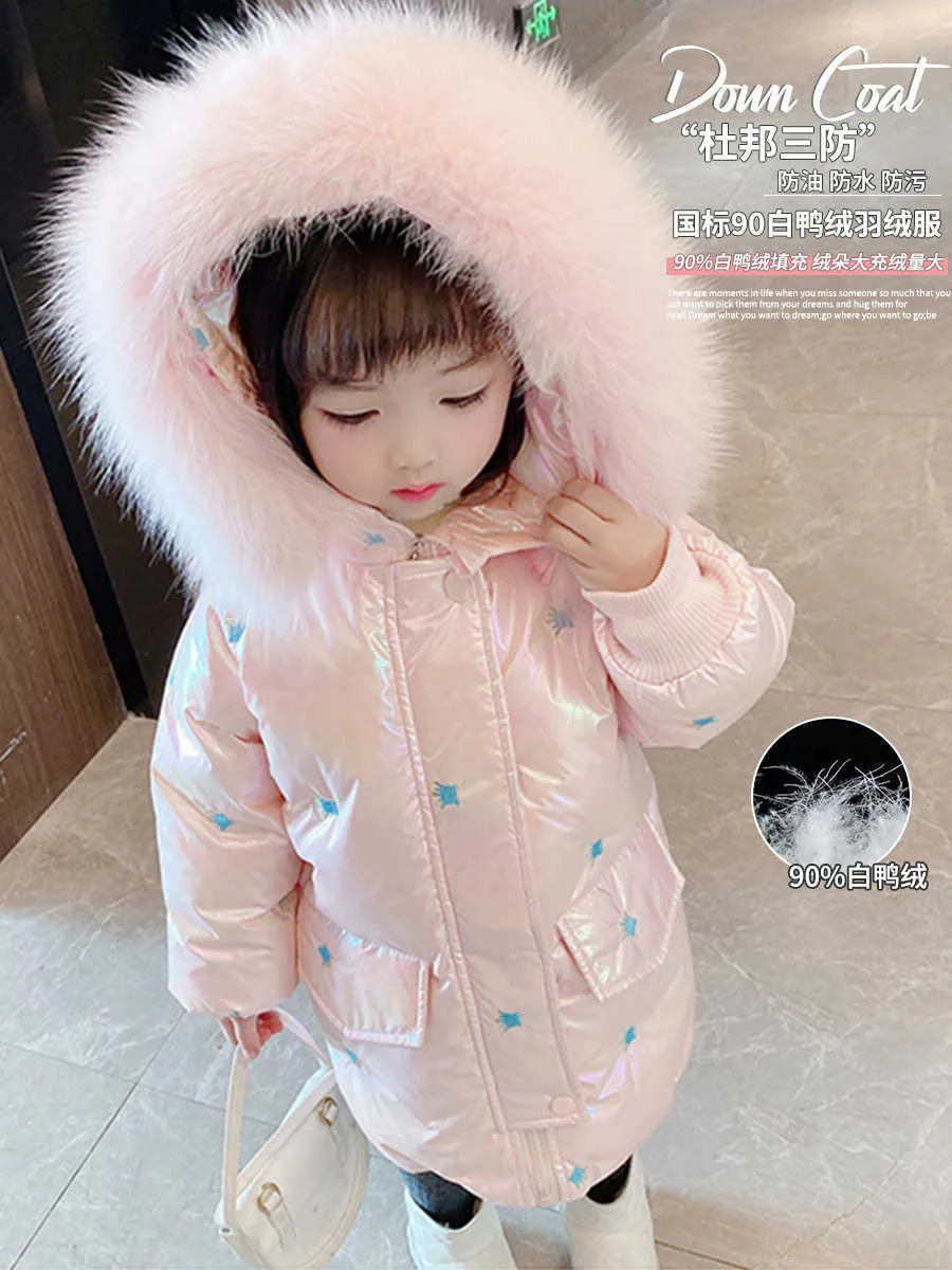 Baby Winter Jacket Fashionable Crown Shiny Warm Coat Hooded Fur Collar Children's Outerwear Baby Girls Cotton Clothing TZ992 H0910