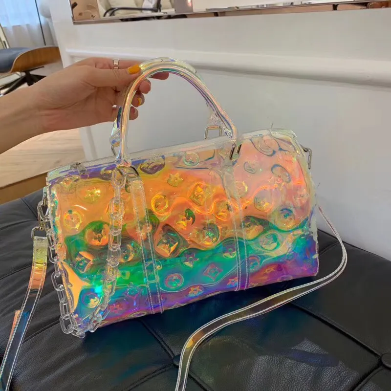 Bolsa de viagem a laser 50 cm luxo holográfico nova impressão transparente bolsa esportiva de grande capacidade alta qualidade curta distância