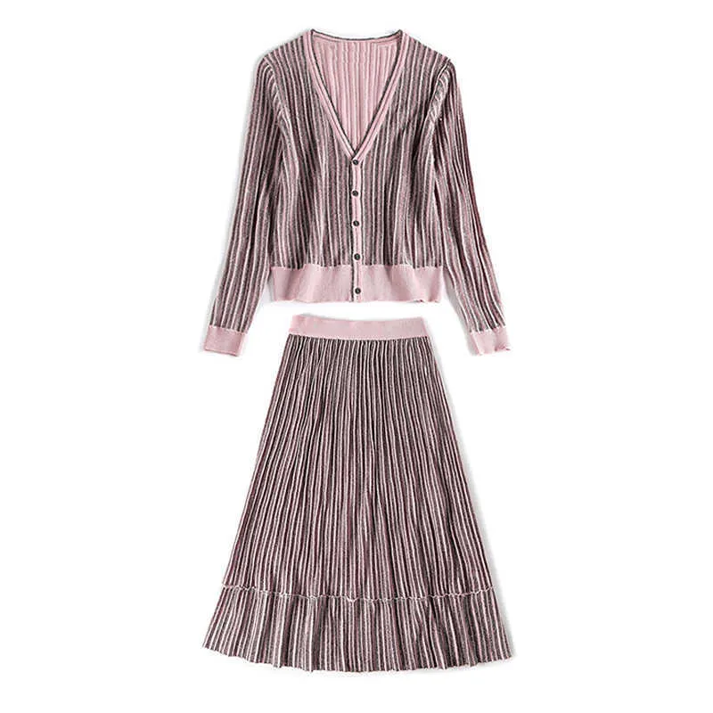 Peut-être U Femmes Lurex Knit Noir Rose Col V Cardigan à manches longues Maxi Jupe longue Solide Deux pièces Ensemble T0012 210529