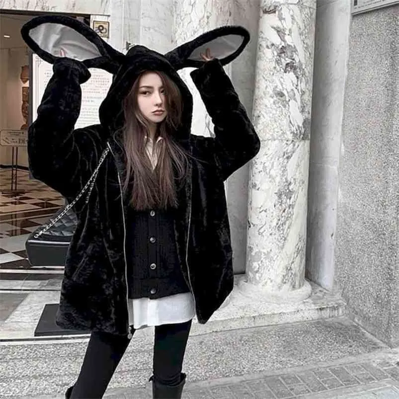 Women Faux Fur Jacket female tops Thick Mid-length Cute Hooded Winter Rabbit Ears Faux Rex Rabbit Plush Fur Coat Soft Girl 210816