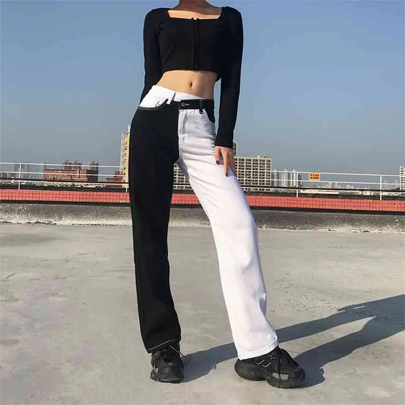 Streetwear Schwarz Weiß Patched Y2K Jeans Für Mädchen Weibliche Mode frauen Denim Hosen Hohe Taille Hosen Harajuku Capris 210510