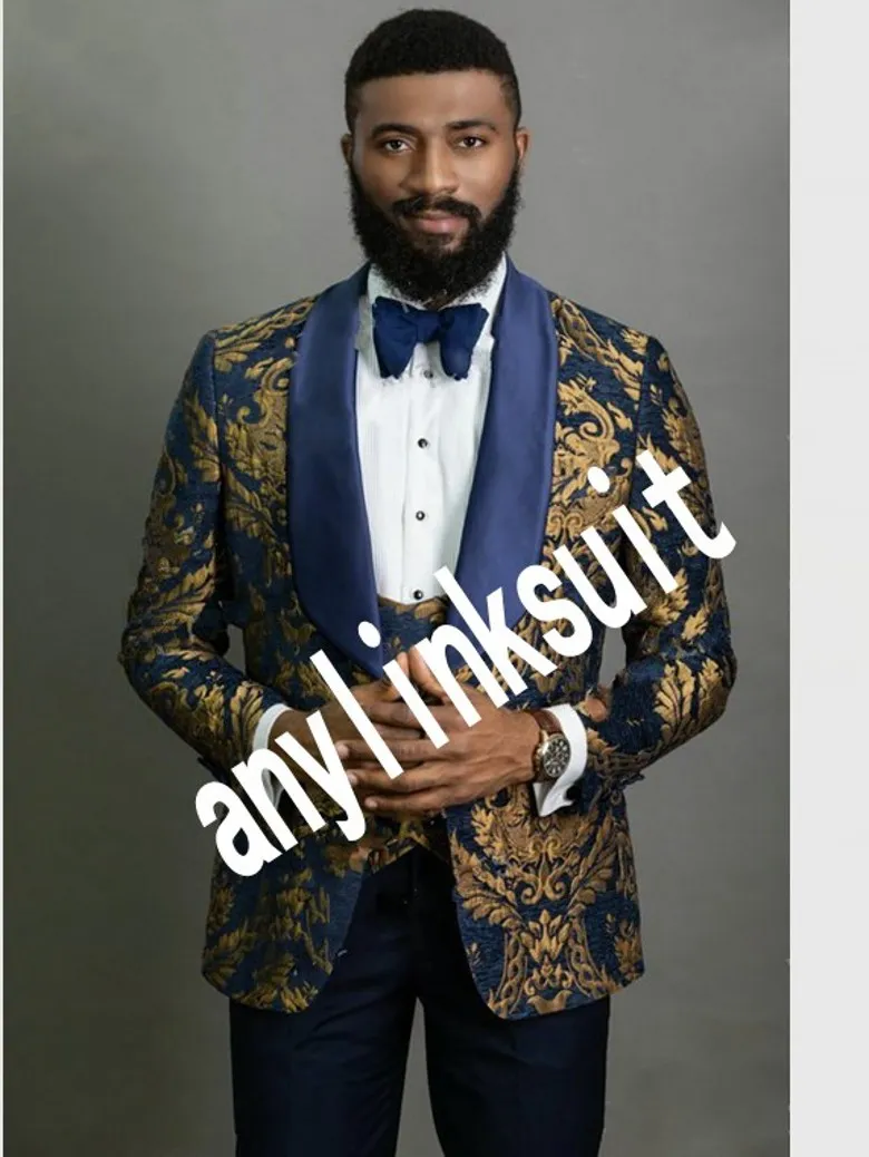 green emerald velvet dress Men's Navy Blue and Gold Baroque Tuxedo Suit with Matching Vest and Bow Tie