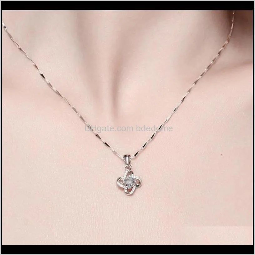 pendant necklace four leaf grass lucky grass pendant slide white blue crystal brass chain imitation rhodium plated confirmed color