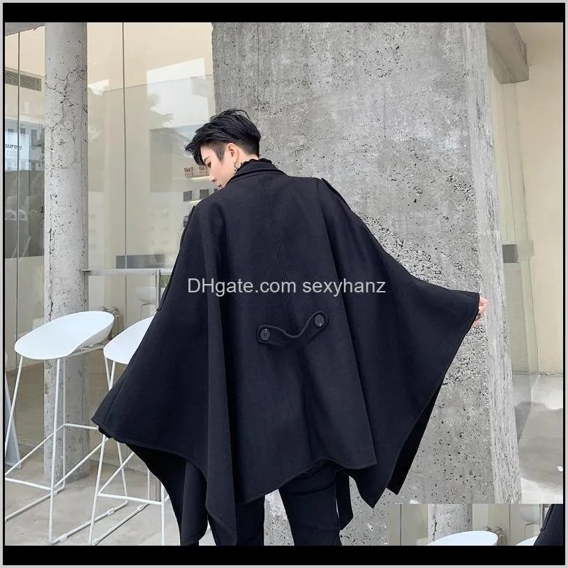 men winter oversize loose casual woolen cloak jacket male streetwear vintage hip hop gothic sashes outerwear coat stage clothing