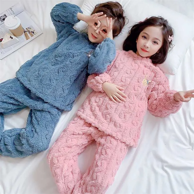 4-12 Years Girls Boys Pajama Suit Fall Clothing Sets Winter Plush Flannel Pullover +long Pant 2pcs Set Pajamas for Children 211130