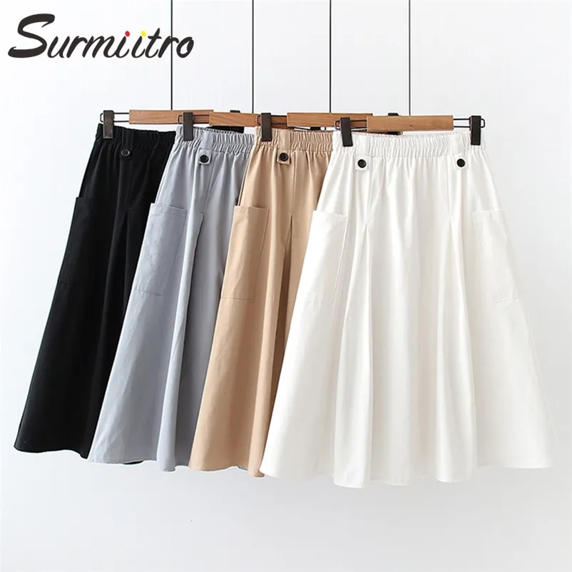 Spring Summer Knee Length Women Korean Style Black White Button Pocket High Waist Sun School Midi Skirt Female 210421