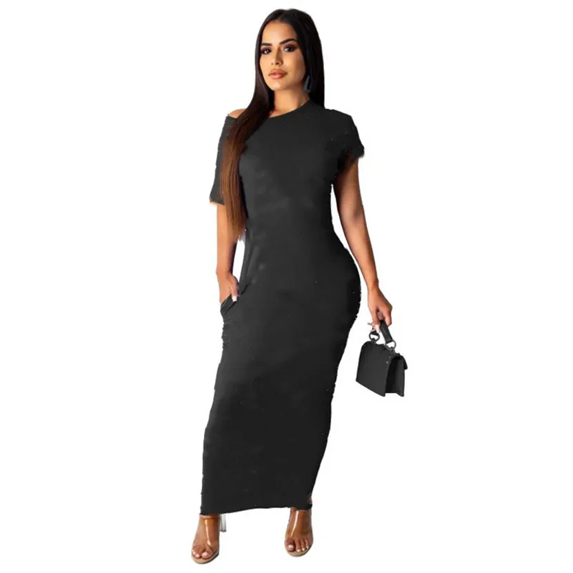 3XL 4XL Kadınlar Maxi Elbiseler Kısa Kollu Artı Boyutu Tek Parça Elbise Yaz Giyim Seksi Bodycon Uzun Etekler Siyah Sıska Paketlenmiş Kalça Etek DHL 4972