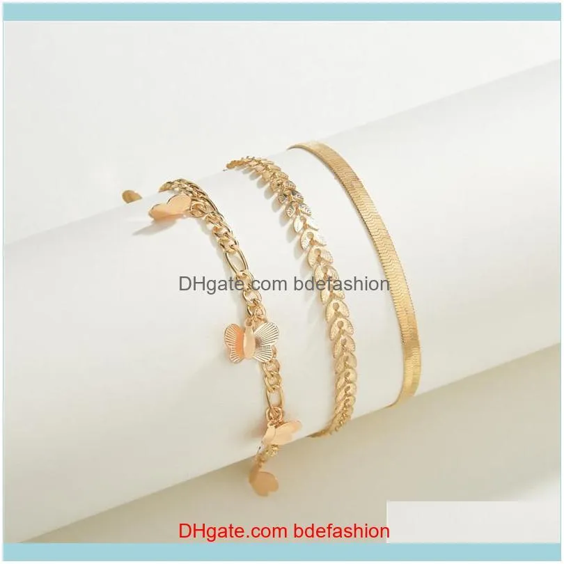 3pcs/set Fashion Gold Color Simple Chain Butterfly Pendant Anklet Jewelry for Women Gifts