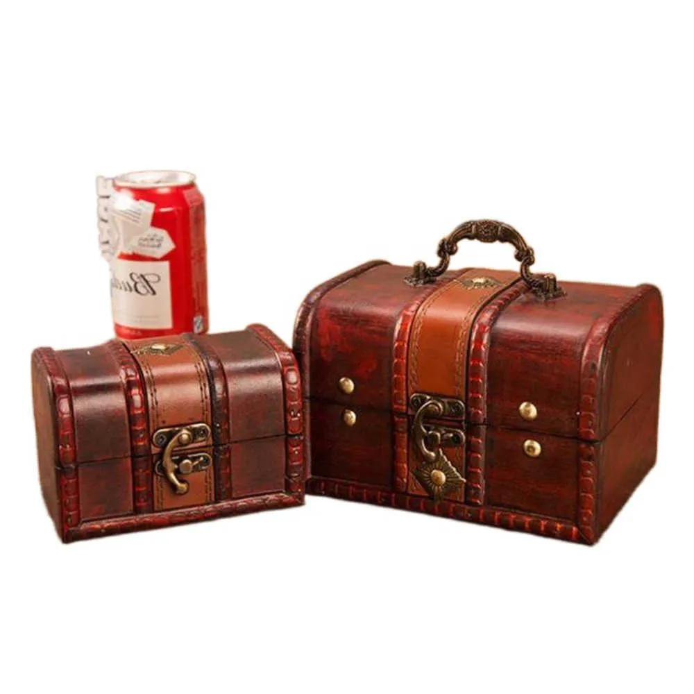 2Pcs Set Wooden Pirate Jewellery Storage Box Case Holder Vintage Treasure Chest