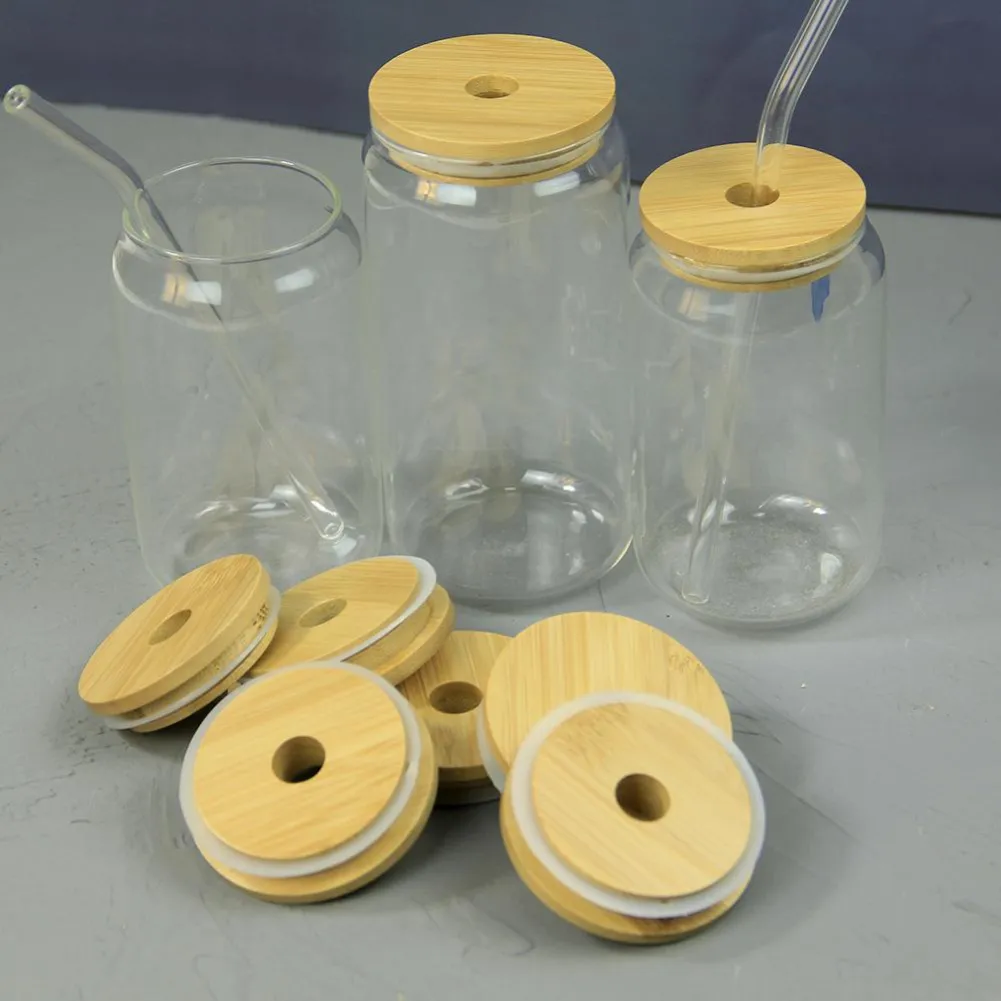16oz Reusable Glass Can With Bamboo Lid And Straw Transparent Frosted ...