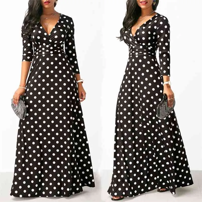 Kayotuas Women Dress Autumn Polka Dot Long Sleeve Maxi Boho Ladies Sexy V-Neck Slim Fashion Sundress 210522