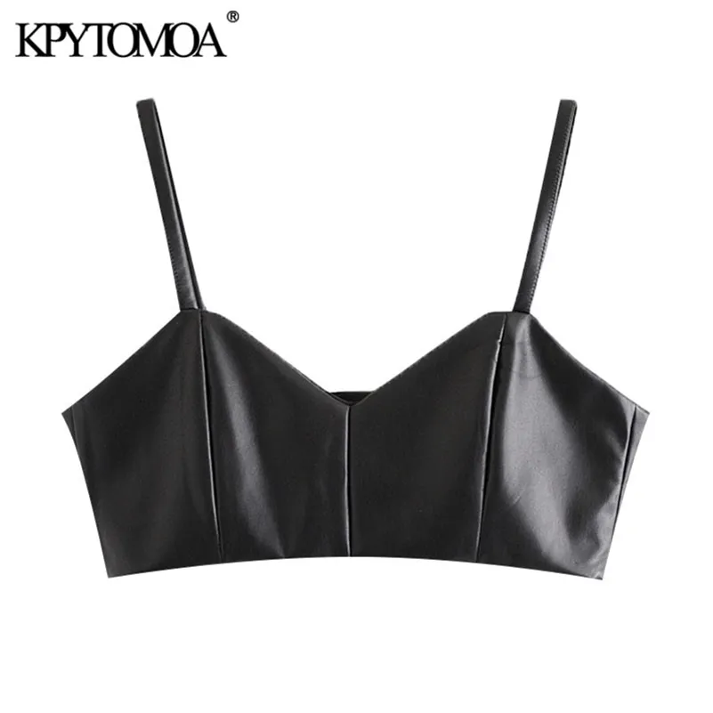 KPYTOMOA femmes Sexy mode Faux cuir recadrée débardeur Vintage col en V côté fermeture éclair larges bretelles femme Camis Chic hauts 210714