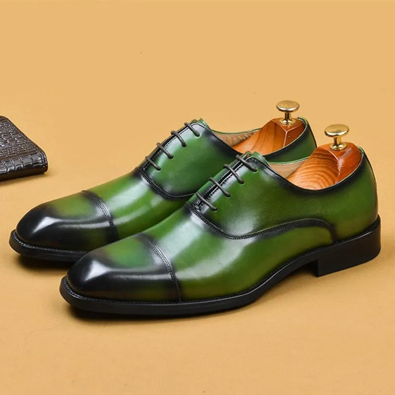 Dress Shoes Italian Genuine Leather Men Green Fashion Lace Up Brown Black Wedding BusinessFormal Oxfords