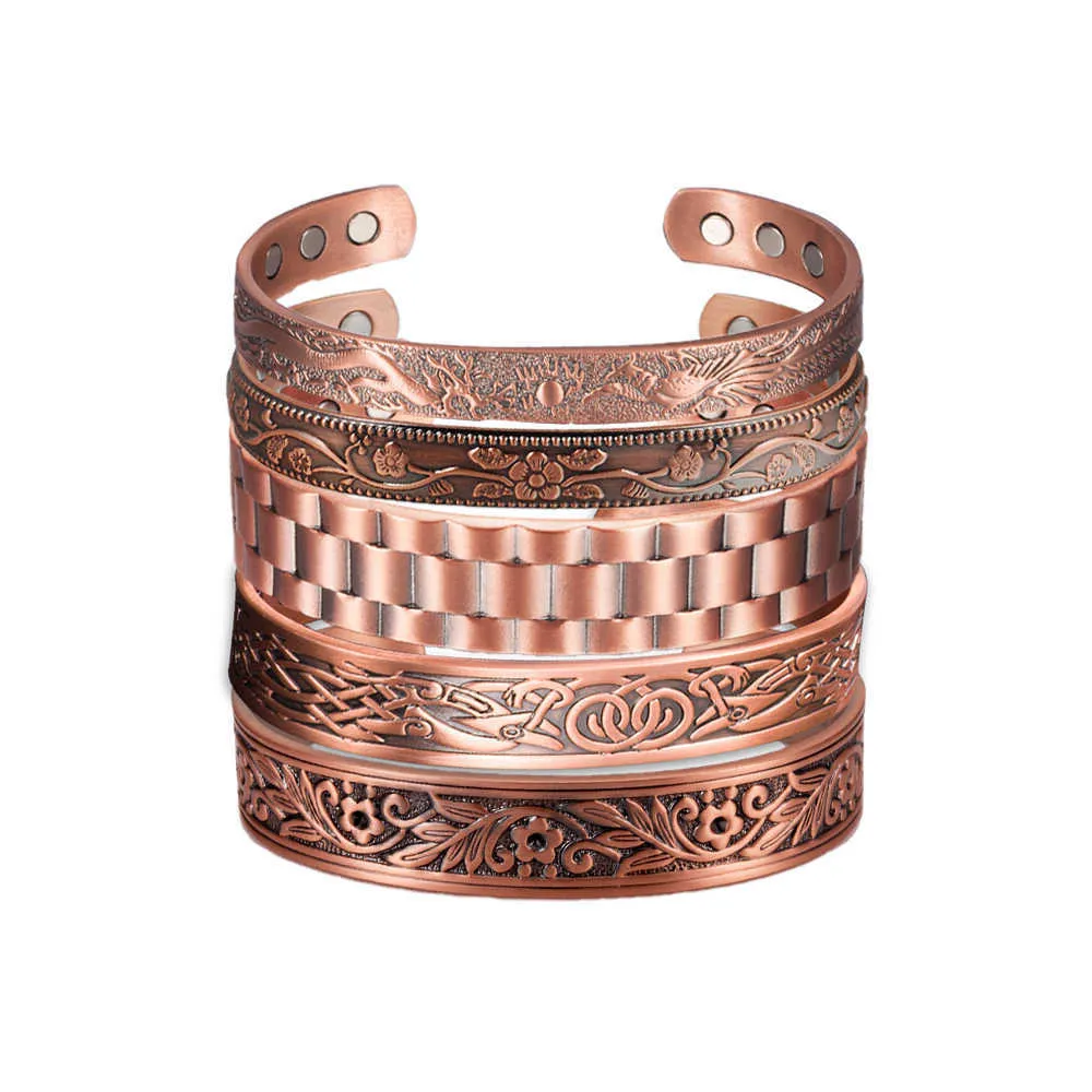 Reines Kupfer Armband Männer Magnetische Vintage Einstellbare 6 stücke Magneten Männer Manschette Armband Magnetische Gesundheit Energie Armband für Männer Q0717