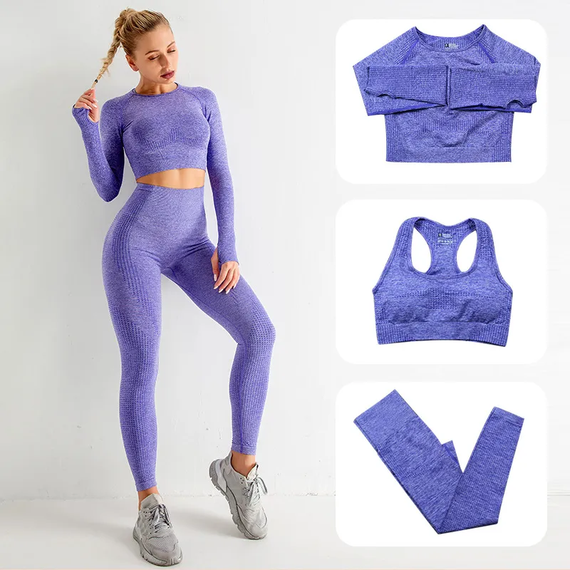 Designer American Damen-Trainingsanzüge, nahtlos gestrickte Yoga-Anzüge, Fitness-BHs, langärmelige Hosen, laufend, schweißabsorbierend, schnell trocknend, dreiteiliger Fitnessstudio-Anzug