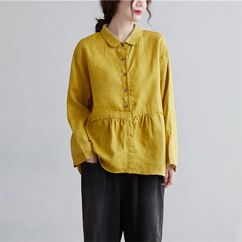Lente herfst arts stijl vrouwen turn-down kraag losse geel shirt volledig gematchte casual katoen linnen blouse femme tops v4 210512