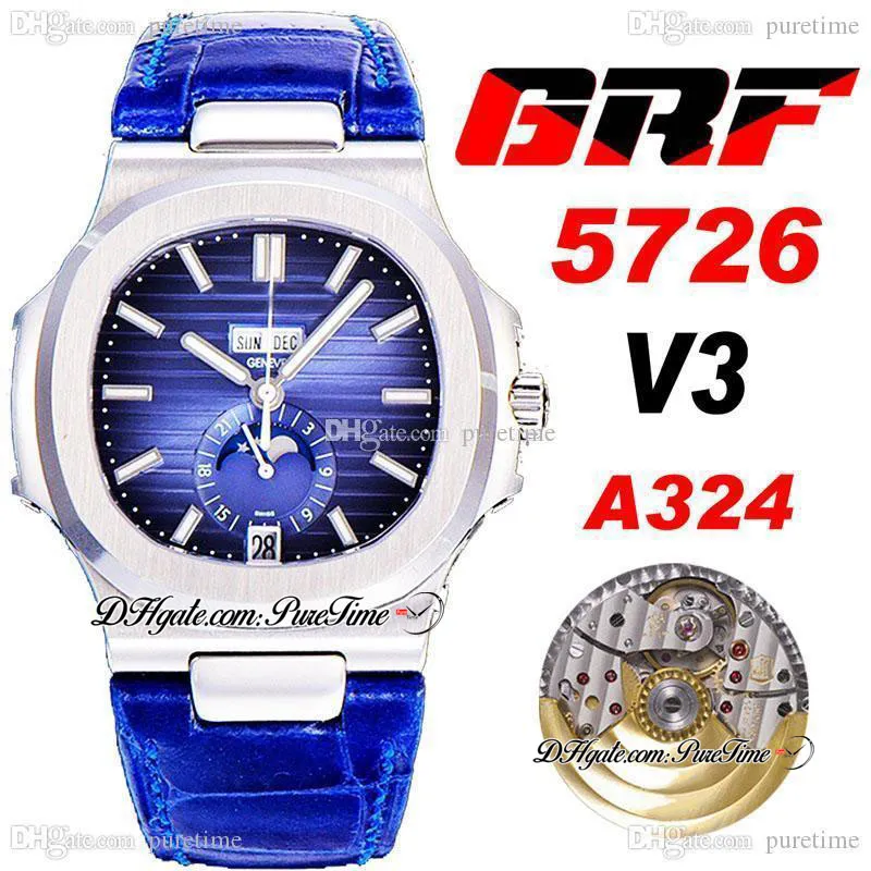 GRF V3 Calendario anual 5726/1A-014 A324 Reloj automático para hombre Fase lunar 324SC Esfera azul graduada Correa de cuero Super Edition 2021 Relojes Puretime F6