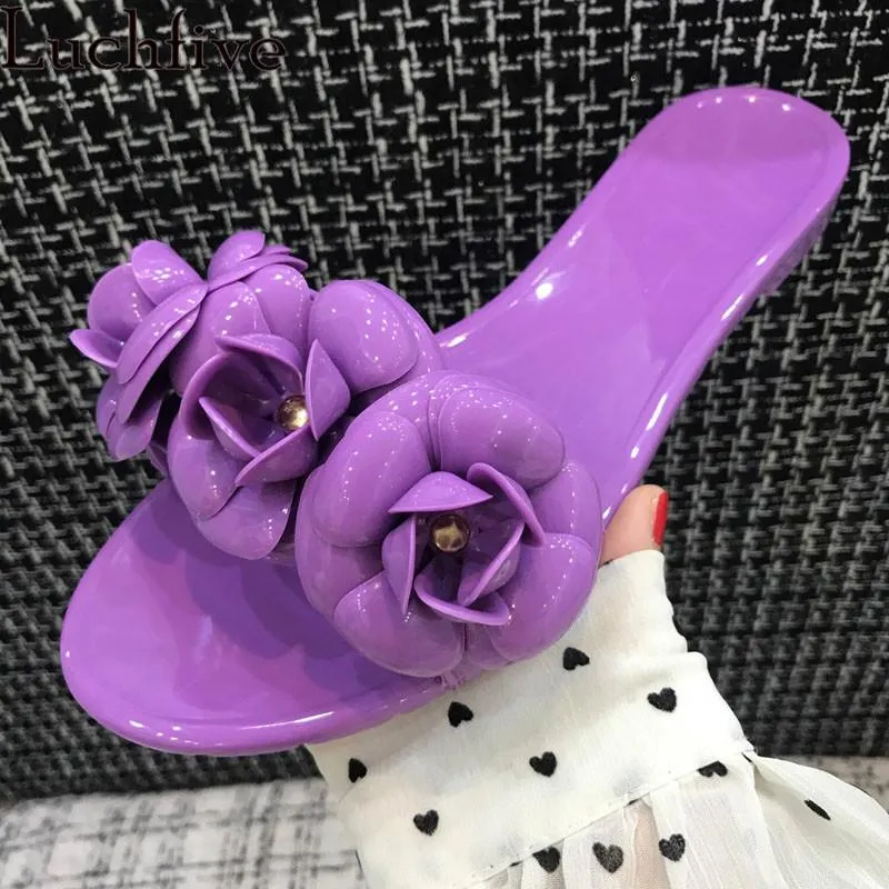 Summer Beach Slippers Woman Flower Sandals Mujer Candy Color PVC Latex Camellia Open Toe Flat Sole Muler Ladies