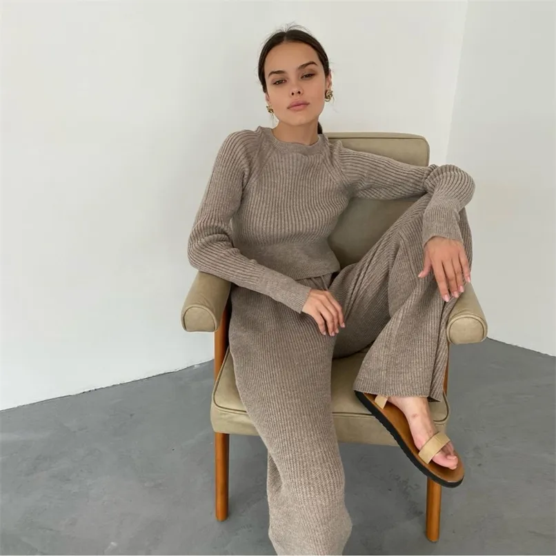 Fashion Winter Women's Thicken Warm Knitted Pullover Sweater Two-Piece Suits High Waist Loose Wide Leg Pants Set 211116