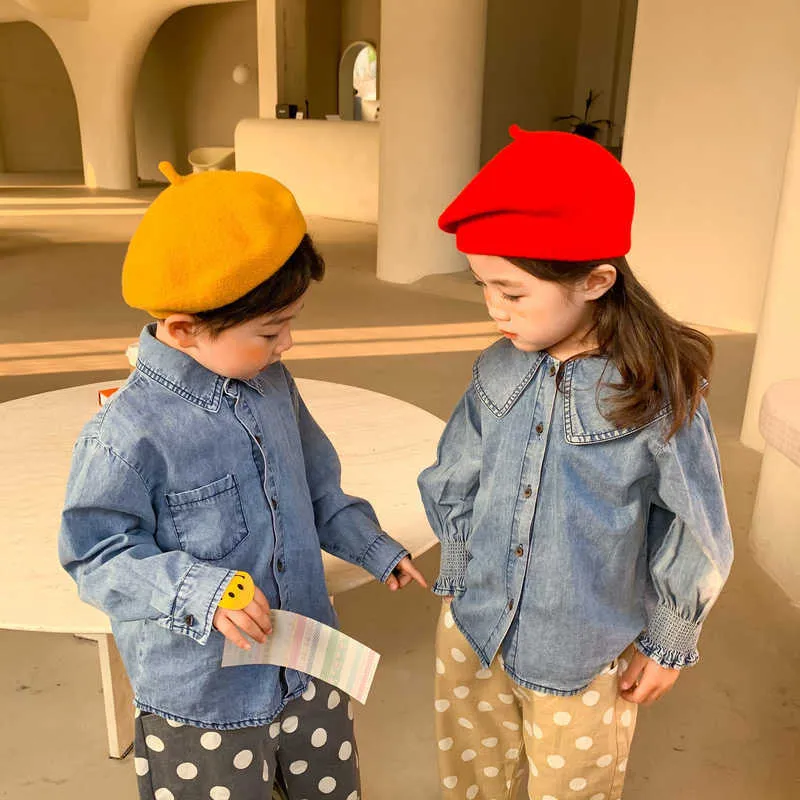 Printemps Mode Mince Denim Chemises Frère et Soeur À Manches Longues Chemise À Col Rabattu Enfants Tout-Match Tops 210615