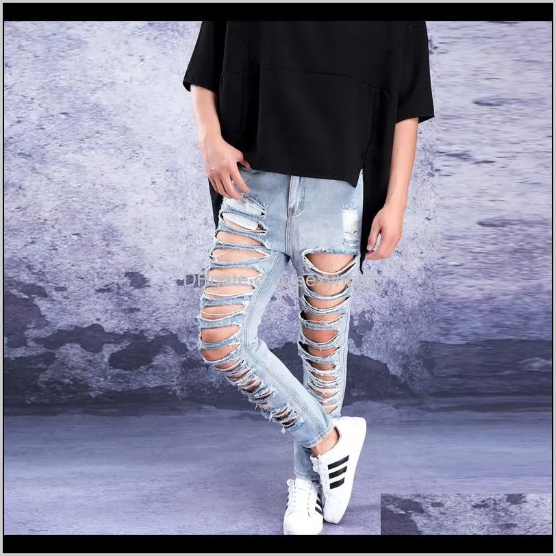 hole jeans men`s summer trend nine points pants tide brand big hole exaggerated super denim pants high street1